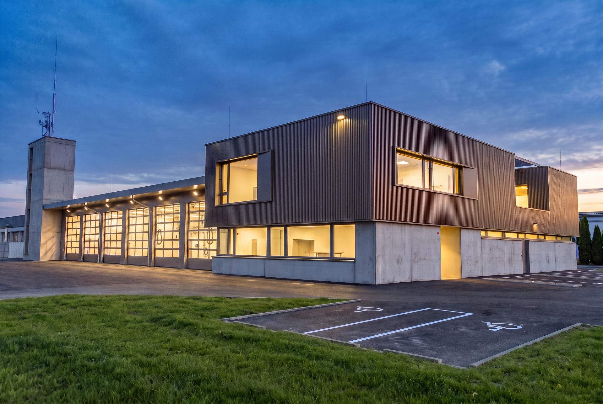 Das neue Feuerwehrhaus der Freiwilligen Feuerwehr Alkoven zur blauen Stunde
